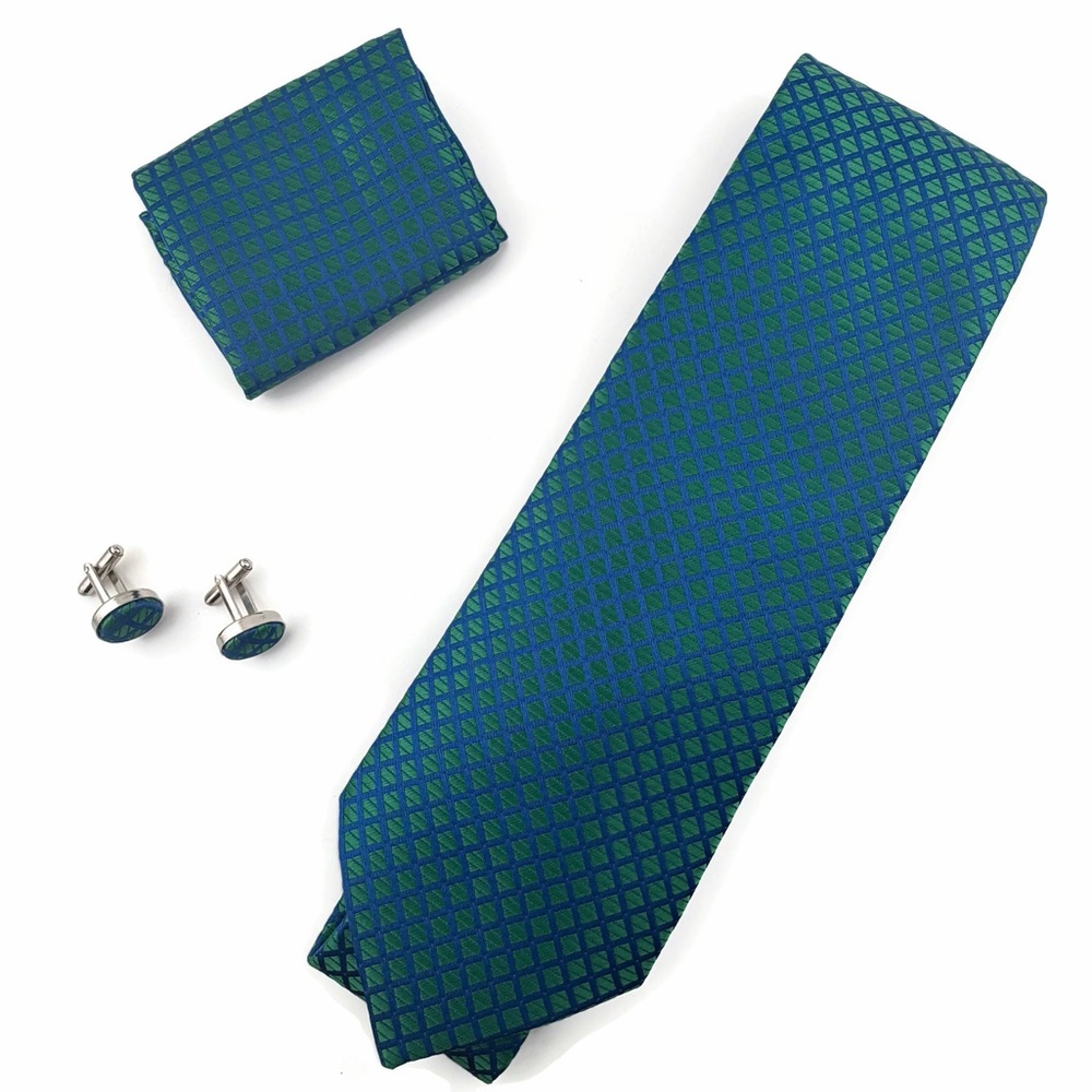 Hi-Tie Green Blue Geometric Tie Set - Men's Tie, Pocket Square & Cufflinks
